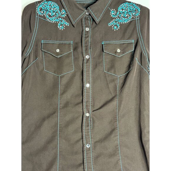 Cowgirl Hardware L/S Brown Turquoise Bling Snap Shirt Womens Small - Picture 2 of 7